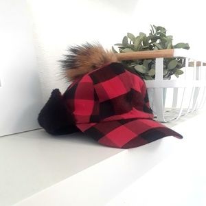 Buffalo plaid hat with fur puff
